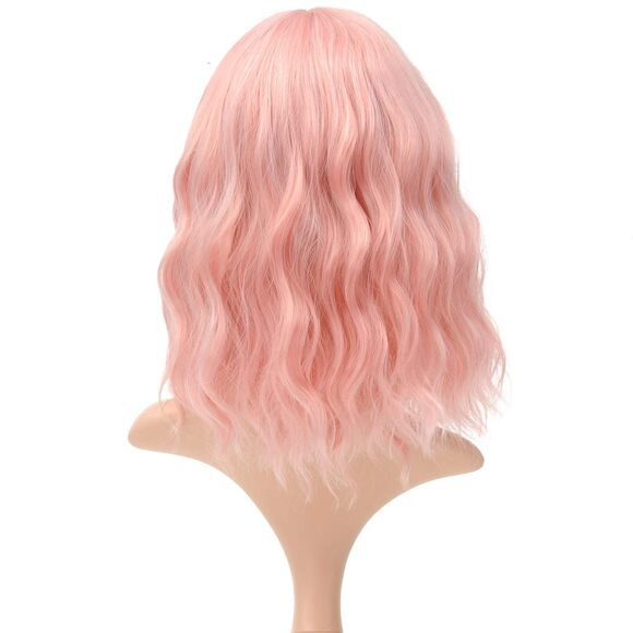 Women's Short Lovely Pink Wigs Curly Wavy Shoulder Length Pastel Bob - Picture 3 of 3